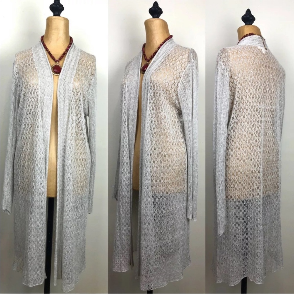 Eileen Fisher Gray Lace Sheer Knit Open Front